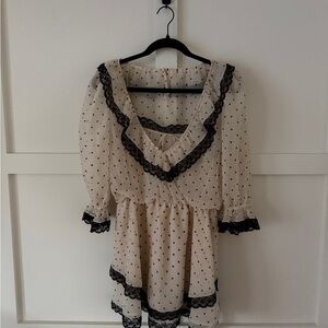 For Love & Lemons Polka Dot Dress with Black Lace Trim